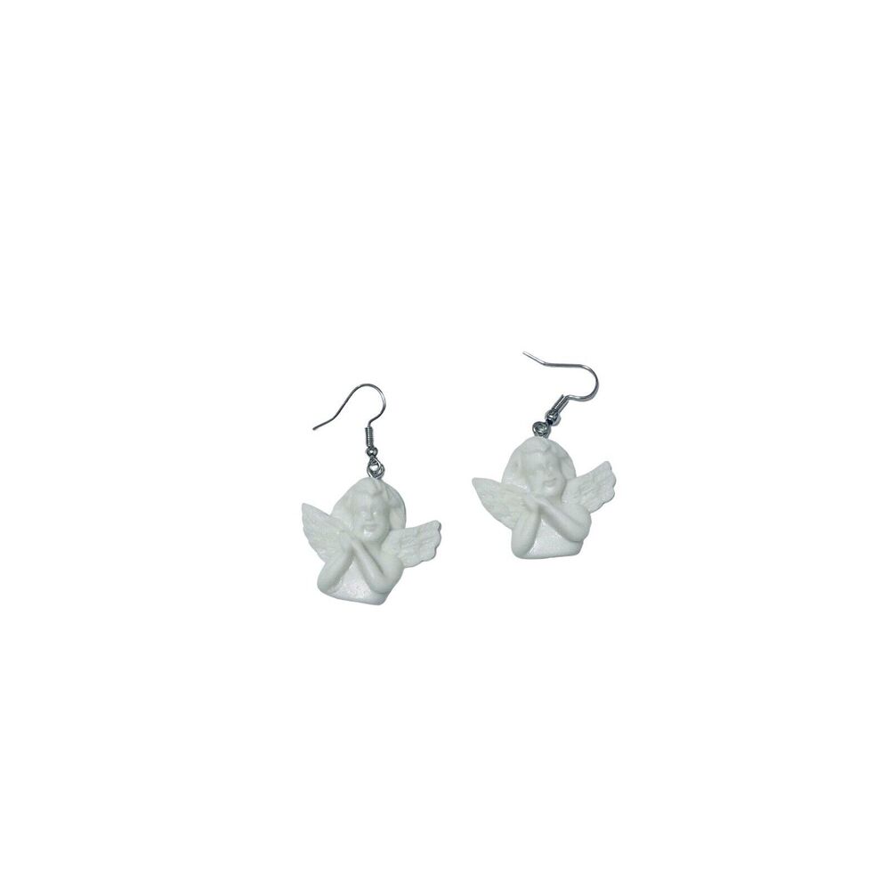 Retro Novelty White Cupid Angel Cherub Resin Dangle Earrings